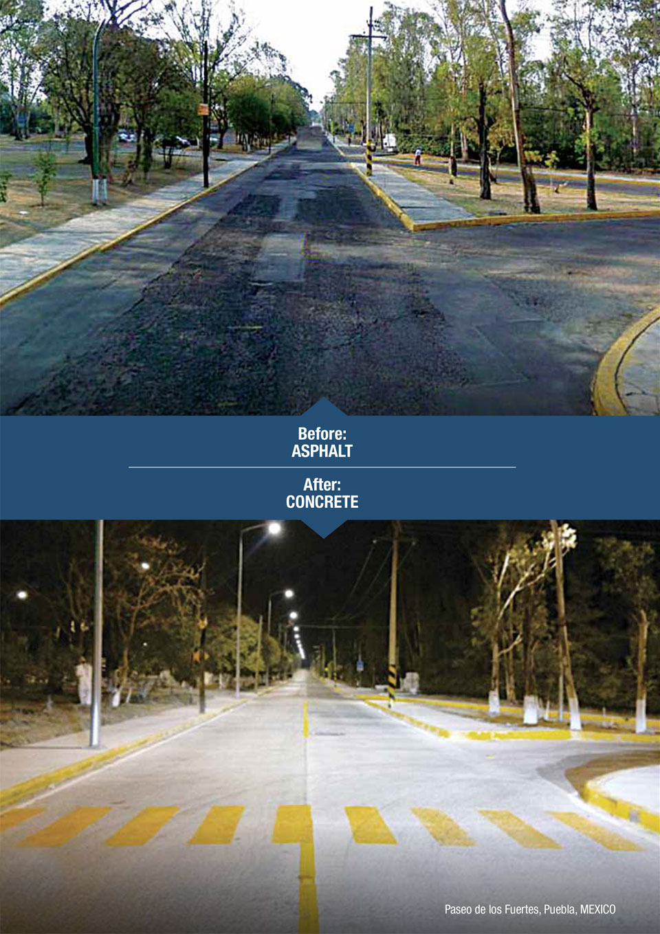 the image shows a before and after of a road using asphalt and then concrete