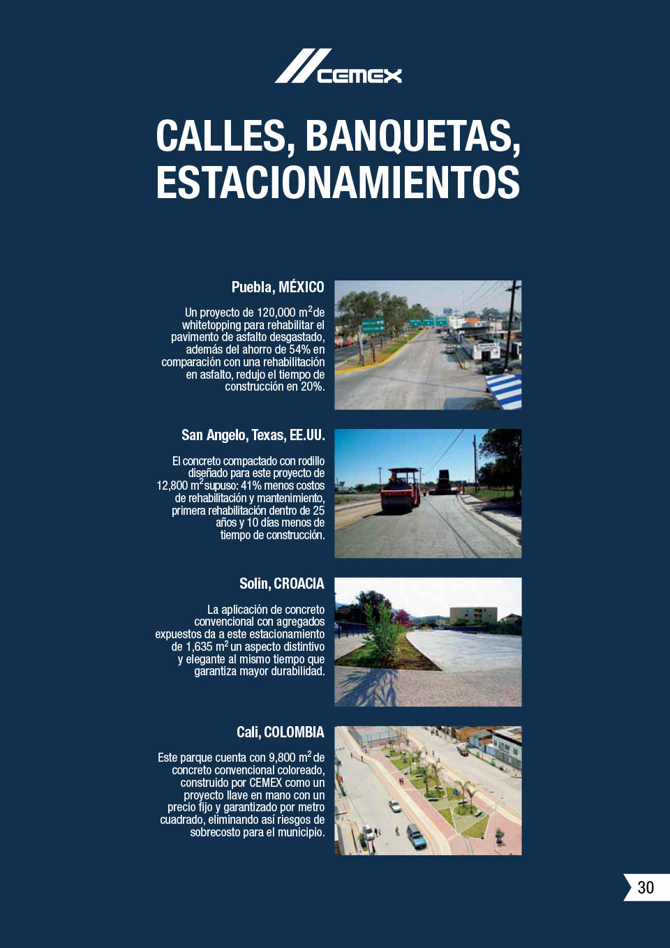 la imagen muestra algunas calles, banquetas y estacionamientos que CEMEX ha ayudado a construir