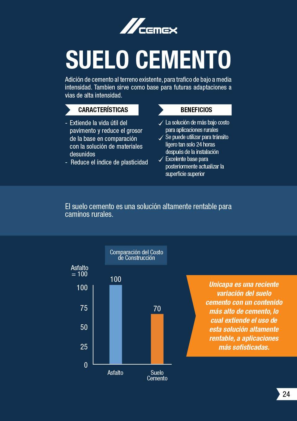 la imagen muestra caracteristicas y beneficios del suelo cemento